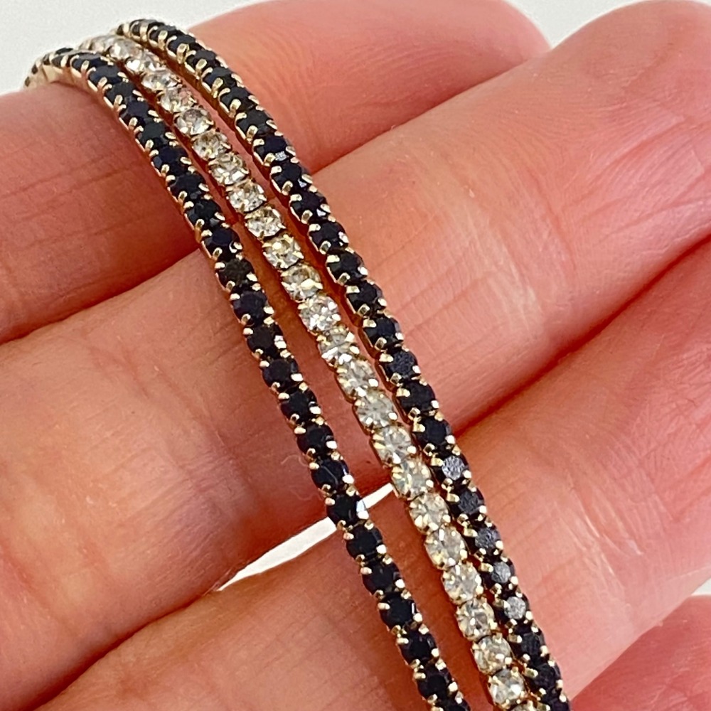 Set of 3 Gold Tone Black‎ and Clear Rhinestone Stretch Tennis Bracelets 7 Inch